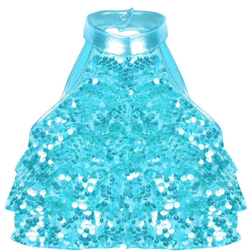 Kids Girls Shiny Sequins Tiered Sleeveless Tank Top Modern Dance Costumes Gymnastic Dancewear