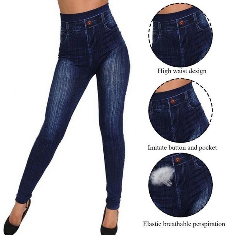 Pantaloni a Tubino da Donna a Vita Alta Taglie Forti Leggings Imitazione Jeans Casual in Denim