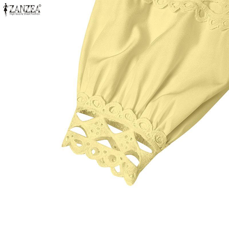 ZANZEA Women Casual Round Neck Long Sleeve Lace Patchwork Long Dress