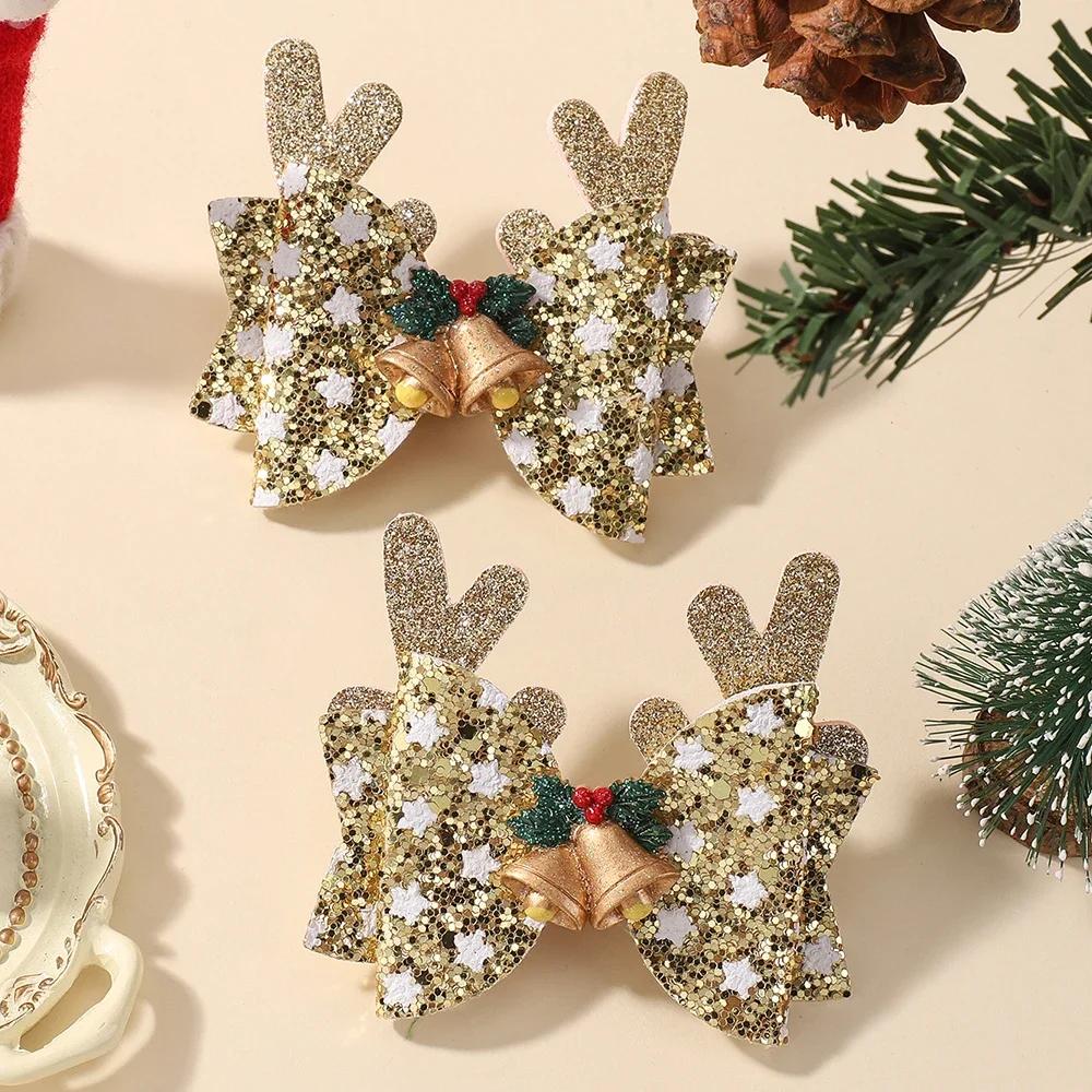 2pcs Glitter Christmas Kids Bows Hairpin for Girls Antlers Printed Fabric Ponytail Clips Christmas Holiday Prom Hair Accessories