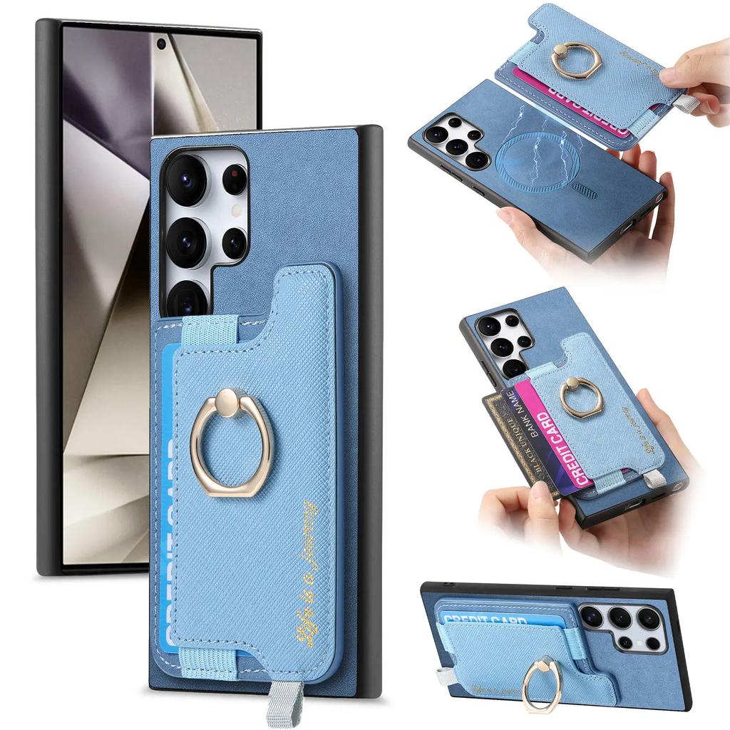 Carteira com Porta-Cartões Magnético 2 em 1 Capa de Couro com Suporte de Anel Destacável Para Samsung Galaxy S24 Ultra S23Plus A05 A55 A15 A25 Capa