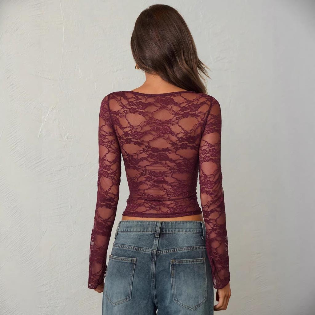 Solid Lace Sheer Long Sleeve Top Women Slim Flattering Chest Ruched Bell Sleeve Fashion Daily Basic Office Lady Casual Slim Fit Ladies Elegant Top