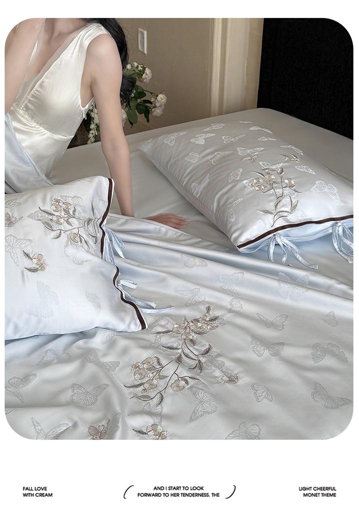 Premium 60 Thread Blue Essence Tencel Jacquard Embroidery Summer Cool Quilt Set - Blue Mist Dreams