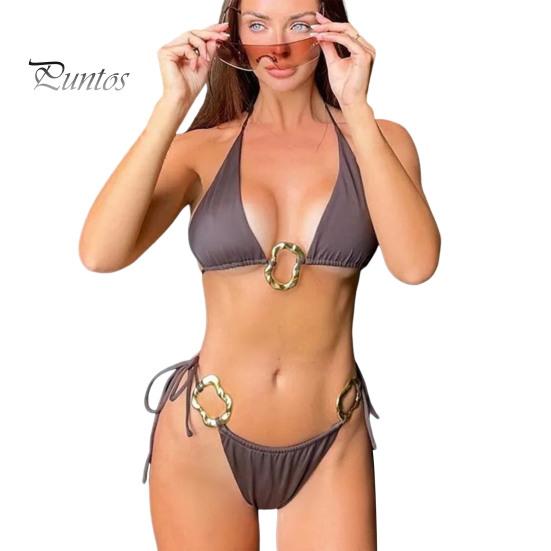 

2 шт./комплект женский комплект бикини бюстгальтер на бретельках со шнуровкой трусы комплект металлическое соединение однотонный пляжный стиль купальники L кофейный