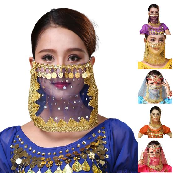 Yousheng Performance Veil See-through Mesh Sequin And Bead Decor Belly Dance Tribal Face Veil Retro Chinese Style Hanfu Prop Halloween Costume
