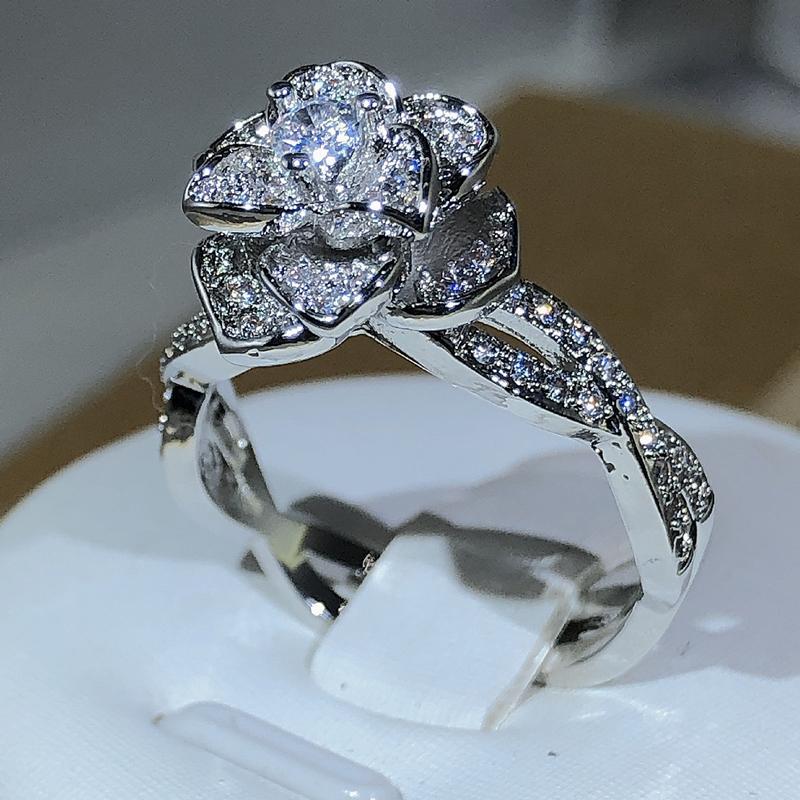 Sterling  InterTwined Three-Dimensional Rose Ring White Zircon Full Diamond Ring Ladies Temperament Elegant Jewelry