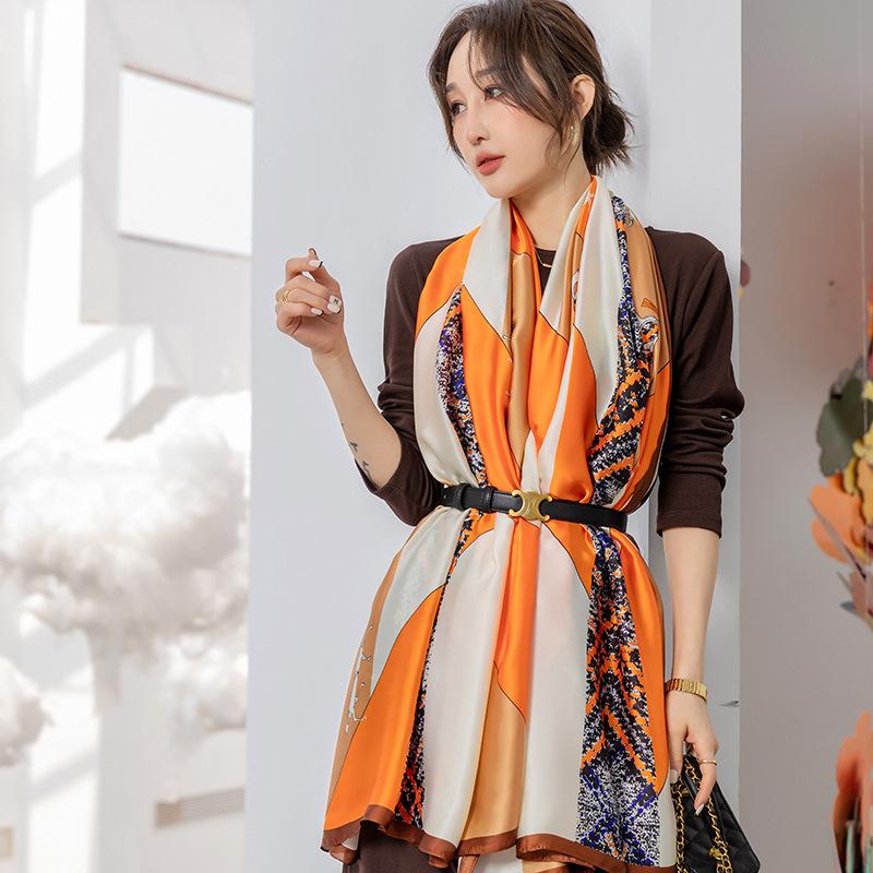 Wczesną wiosną nowy prosty kolorowy geometryczny blok kolorów długi jedwabny szal koreańska wersja damskiego temperamentu podróż długi szal