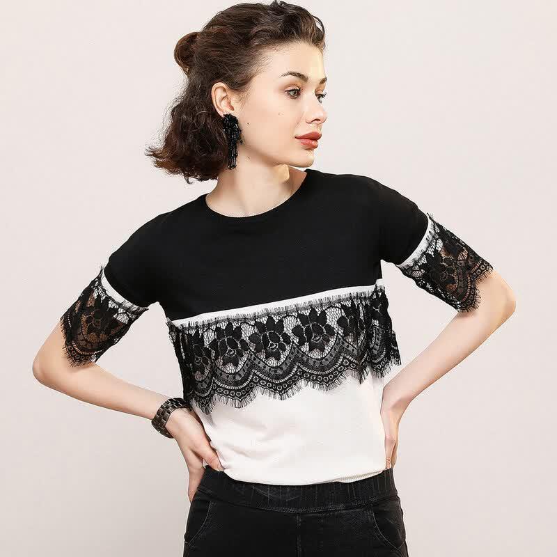 Bailuyu Lace Trim Color-Block Drop-Shoulder Knit T-Shirt XL