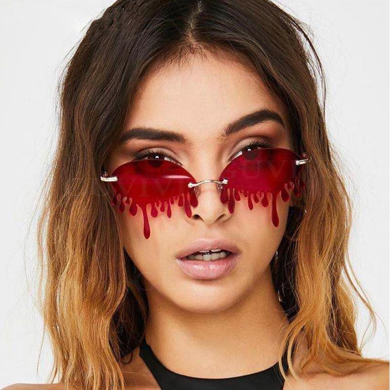 Attractive Glasses Women's Red Fashion Rimless Sunglasses Unique Design Tear Sun Glasses Vintage Steampunk Party Shades