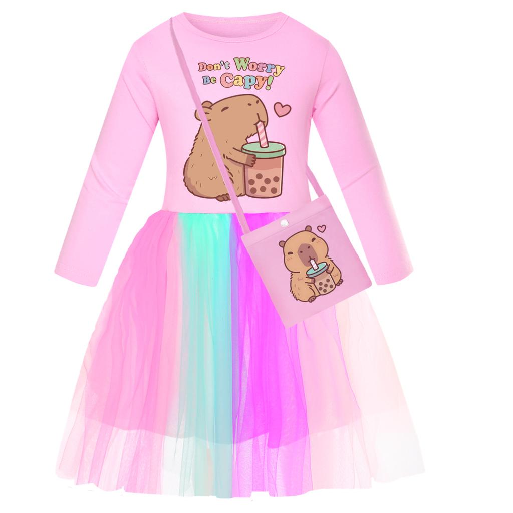 Girls star rainbow lace copybara print dress