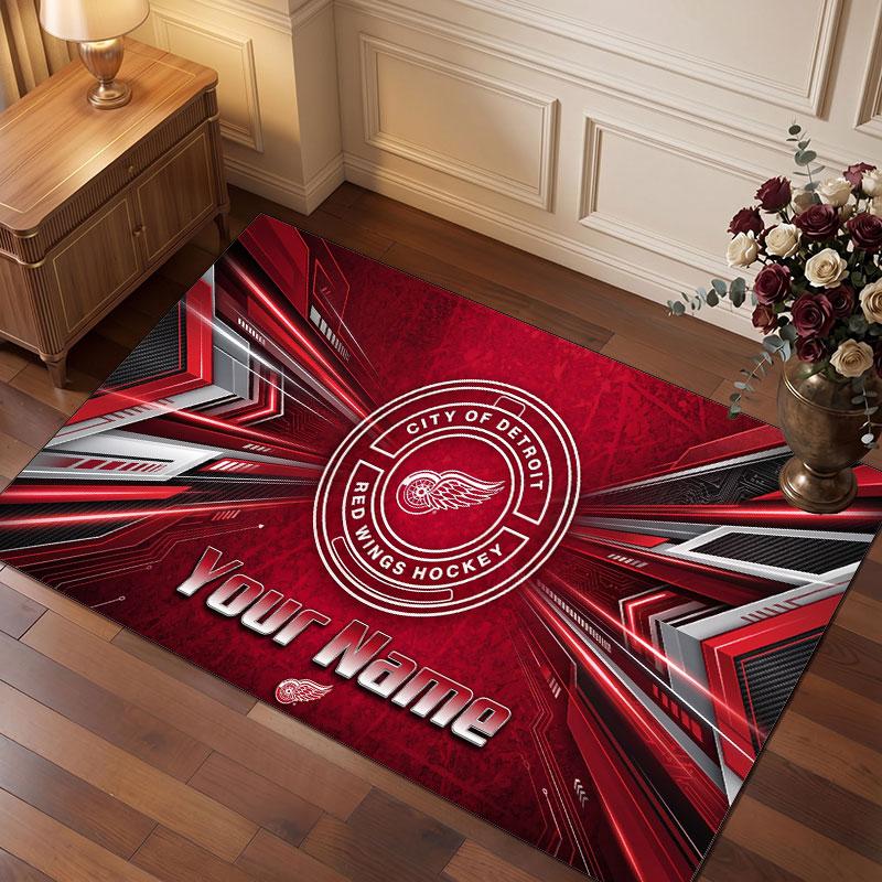 Detroit Red Wings Personalized Crystal Velvet Carpet, Customized Name Text Soft Anti‑Slip Rug for Living Room Bedroom