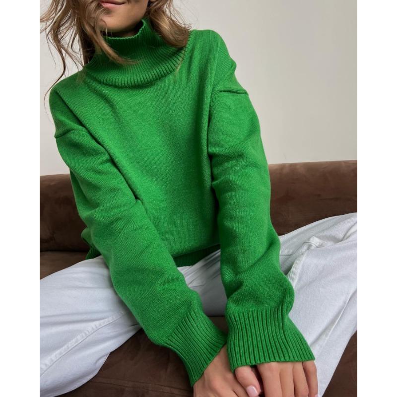 Women Trendy Oversized Solid Color Knitted Sweater Long Sleeve Vintage Casual Jumpers Turtleneck Pullover