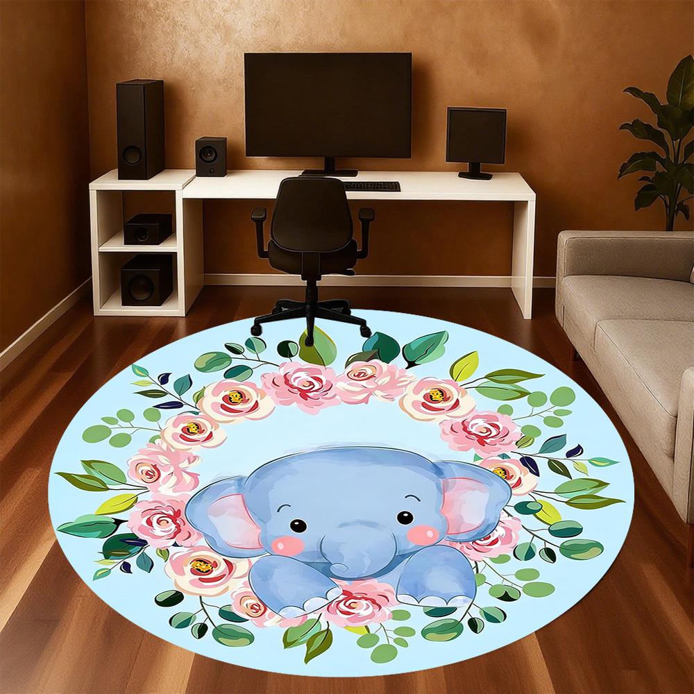 1pc Elephant Flowers Round Chair Mat Office Area Rug - Non-Slip, Floor Mat for Office, Bedroom, and Indoor Decor P127287
