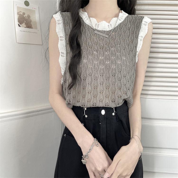 

Весенне-летний вязаный жилет, женский корейский крючок, цветок, полый жилет без рукавов, контрастный свободный вязаный жилет, топ One Size серый
