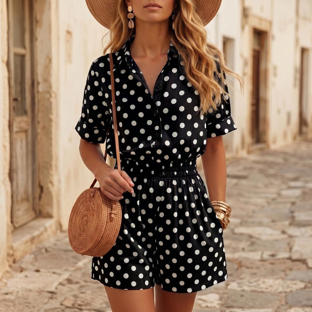 Ensemble deux pièces pour femme Chemise boutonnée à manches courtes et Short à taille élastique Imprimé à pois Tenue d'été décontractée
