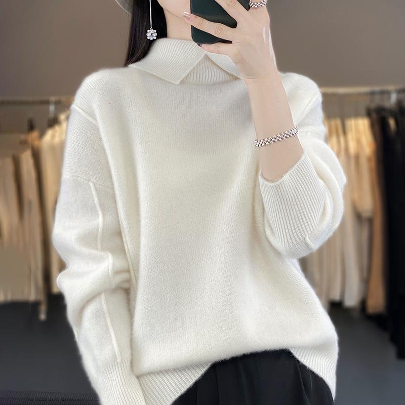 

Ранняя осень лацкан разрез вилка ленивый свободный свитер женский утолщенный пуловер тонкий женский вязаный базовый свитер One size белый