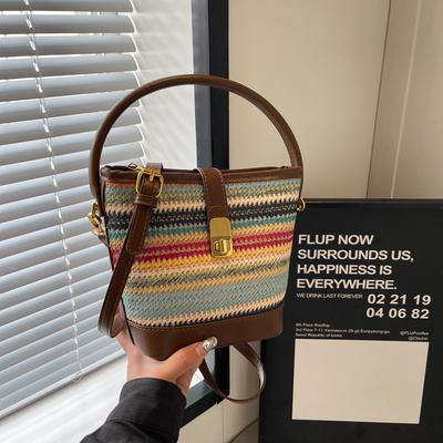 2025 Summer New Fashion Contrasting Color Woven Ladies Handbags Casual Vacation Seaside Womem's Bucket Bag Niche Texture Striped Female Messenger Bags