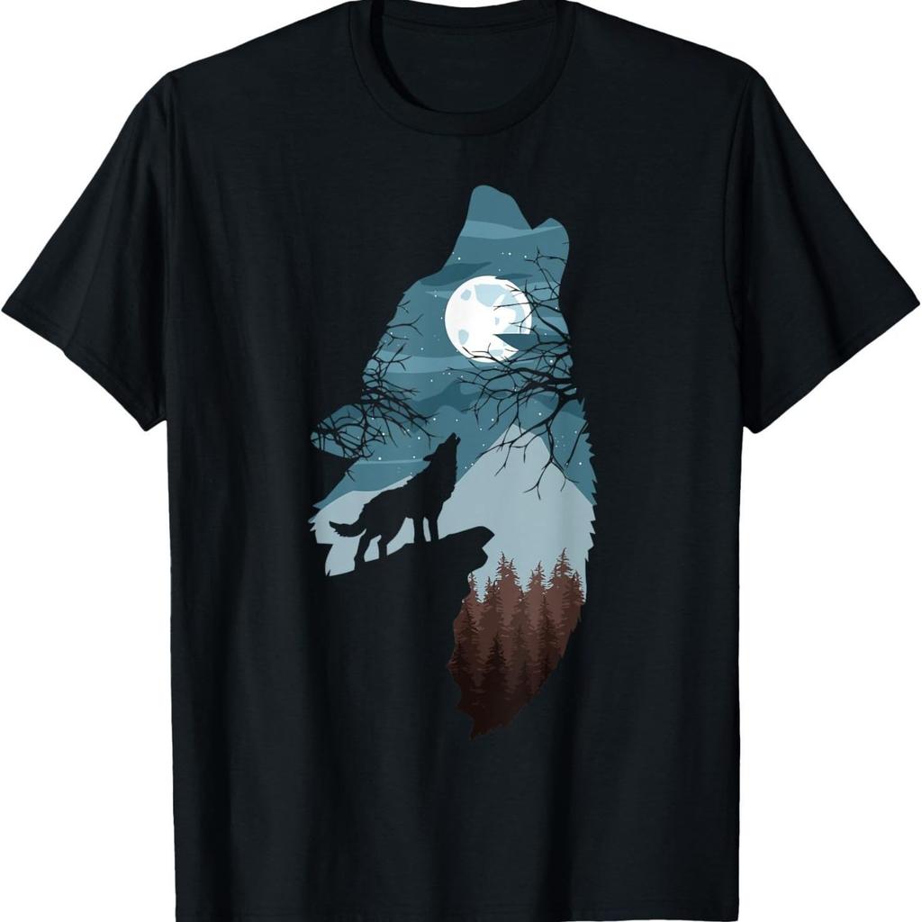 Men's Vintage Cotton T-Shirt Full Moon Wolf Silhouette Night Scene Print Soft Breathable Crewneck Short Sleeve Tee Men Clothing