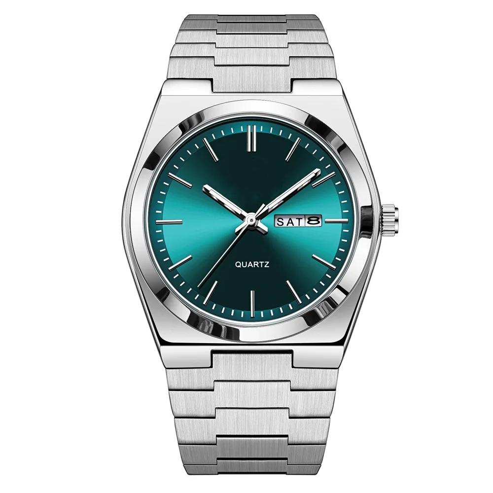 Men Watch Stainless Steel Watch Double Calendar Waterproof Business Quartz Clock Wristwatch