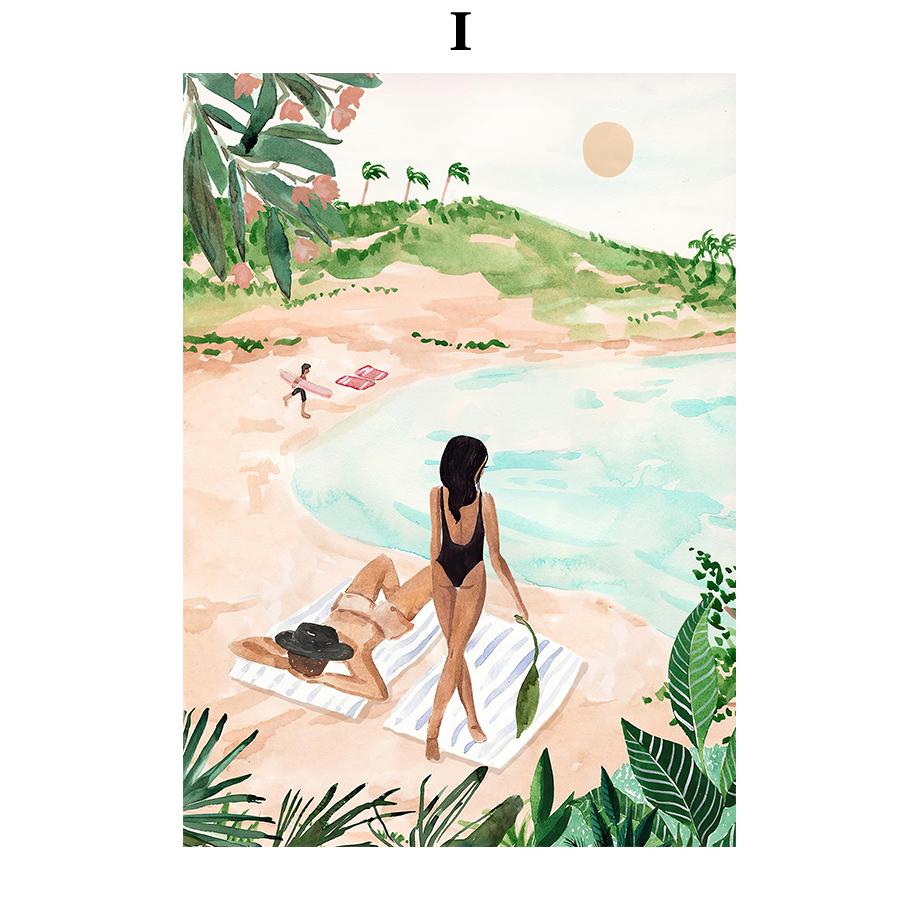 Summer Beach Leisure Holiday Fashion Wall Art Canvas Painting Nordic Poster Room Decor Tropical Watercolor Sunbathe Surfing