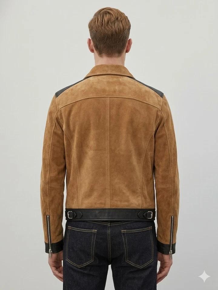 Men's Stylish Tan Biker Handmade Suede Lambskin Leather Jacket Genuine Soft Fit