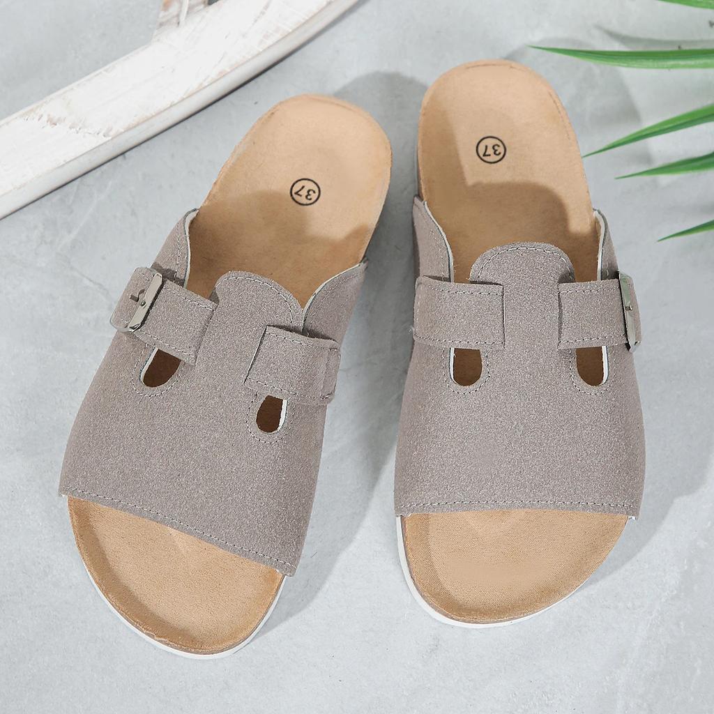 Sandały z korkową wkładką Damskie Letnie Buty Moda Zamszowe Płaskie Sandały ze Wsparciem Łuku Stopy Para Odkryte Palce Klapki na Plażę Regulowane