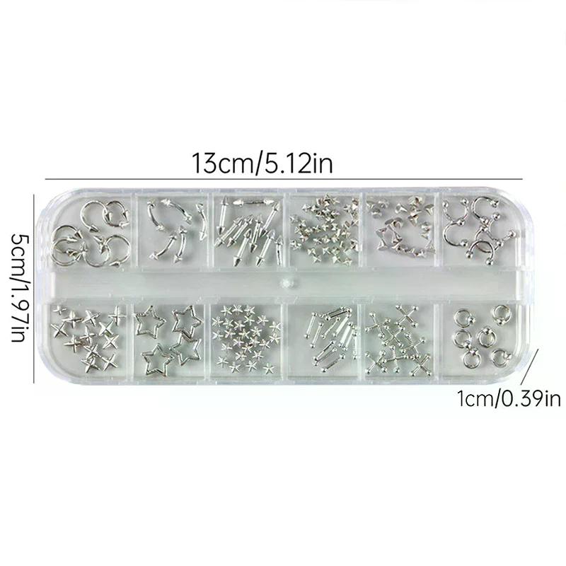 12 Grids Gothic Punk Retro Metal Nail Jewellery 3D Gold Silver Nail Rhinestone Accessories DIY Glamour Nail Decoration