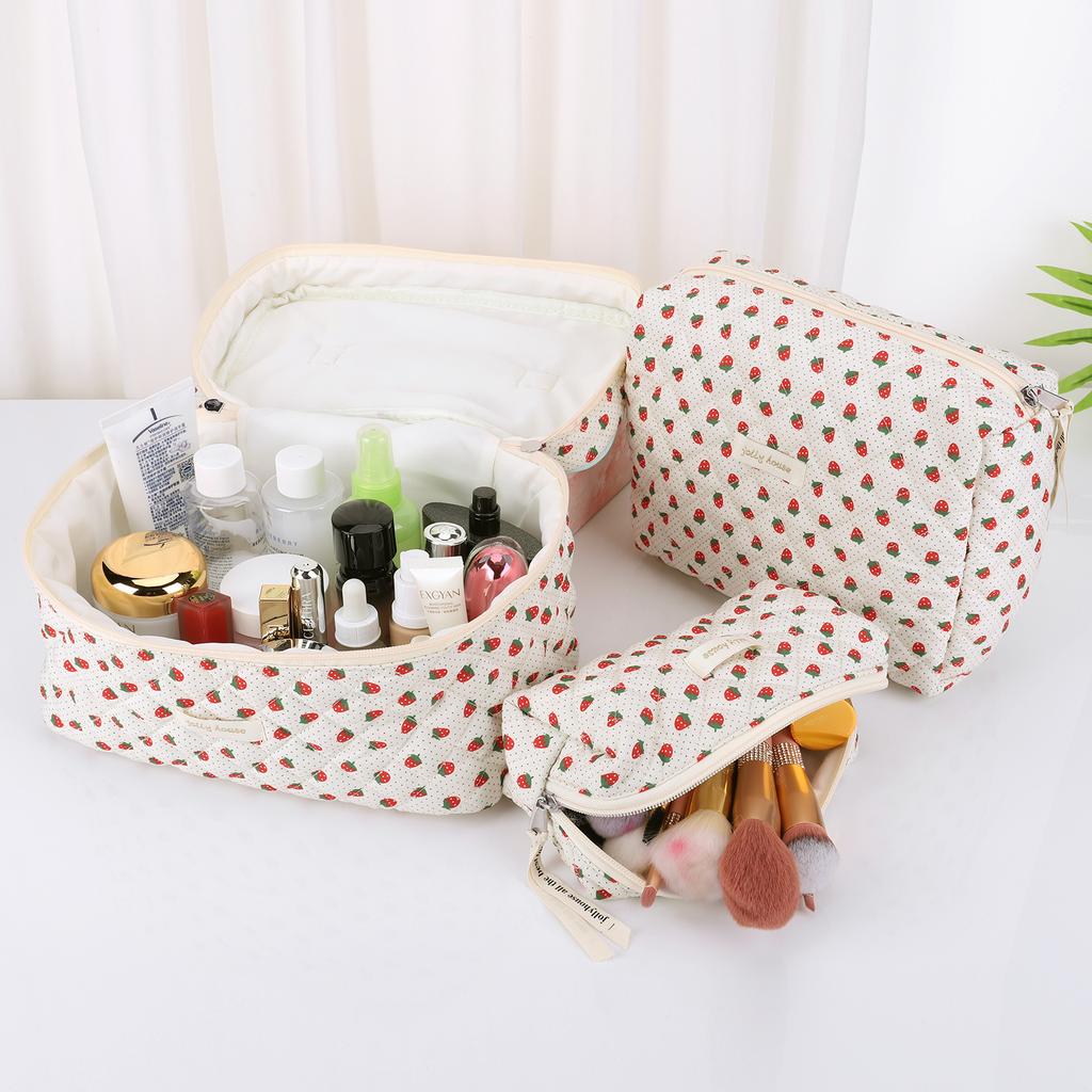 3Pcs Travel Makeup Pouch with Zipper Quilted Toiletry Bag Cute Makeup Organizer Storage Bag Large Capacity for Women and Girls