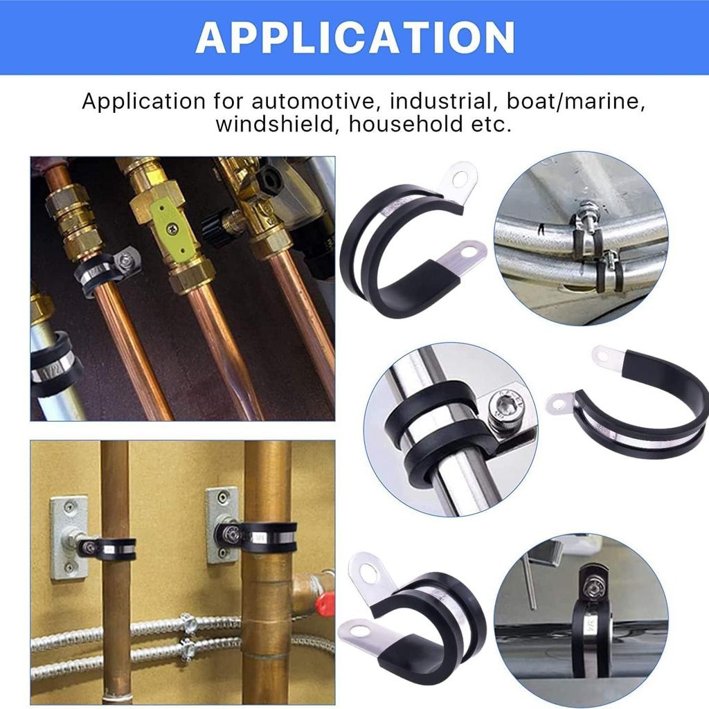 68PCS 304 Stainless Steel Rubber Lined P-Clip Cable Clamps 8 Sizes R-Type Cushioned Pipe Hose Tube Wire Management Kit with Box