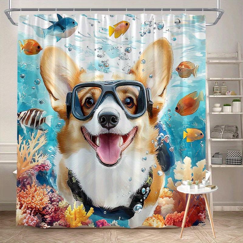 Corgi Scuba Diving Shower Curtain Playful Corgi Tropical Fish Coral Reefs Colorful Design Polyester Washable With Hooks