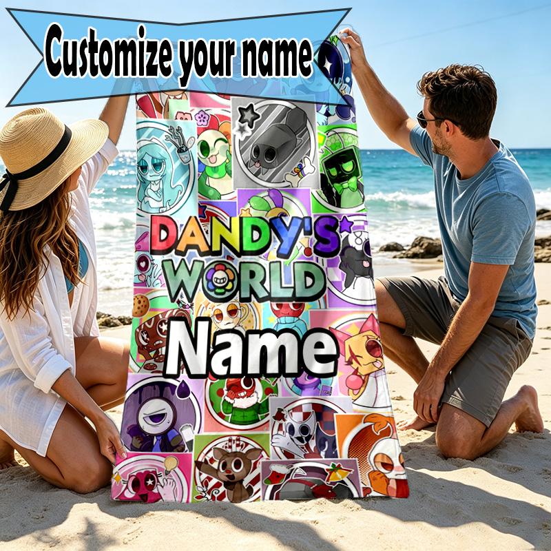 Custom Name Personalized Dandy's World Print Beach Towel, for Trip Camping Beach Party Home Decor, Birthday Gift for Family & Friends