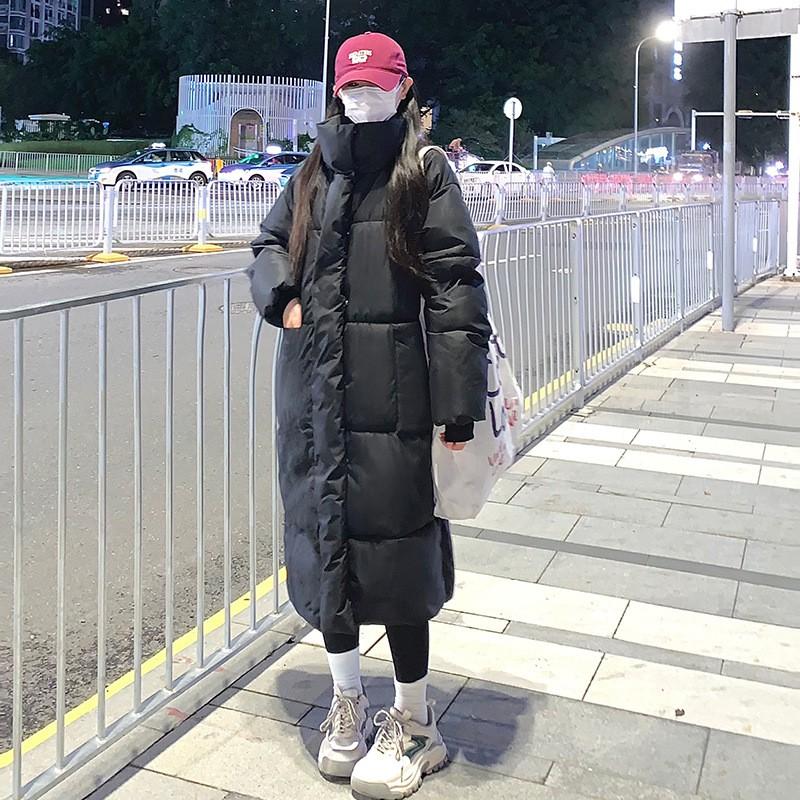 Womens Long Winter Coat Over-Knee Thick Puffer Cotton-Padded Outerwear Slim Fit Hoodless Stand Collar