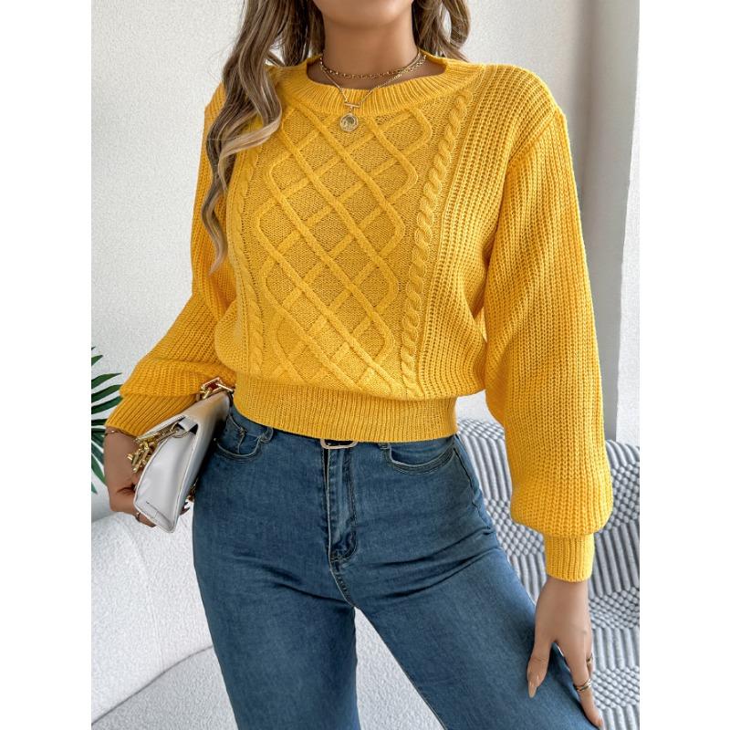 Women European American Style Solid Color Twisted Lantern Long Sleeve Waisted Pullover Sweater