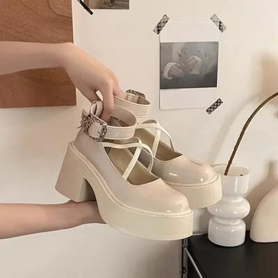 Fashion Women's Shoes 2024 Fashion Round Toe Women's High Heels Autumn Mary Jane Button Solid Color Dress Thick Sole Thick Heel Pumps
