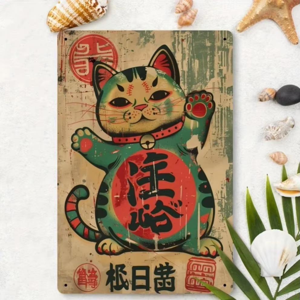 Maneki Neko Metal Wall Art – Traditional Lucky Cat with Anime Charm Rustic Green & Golden Patina Finish Ideal for Living Rooms