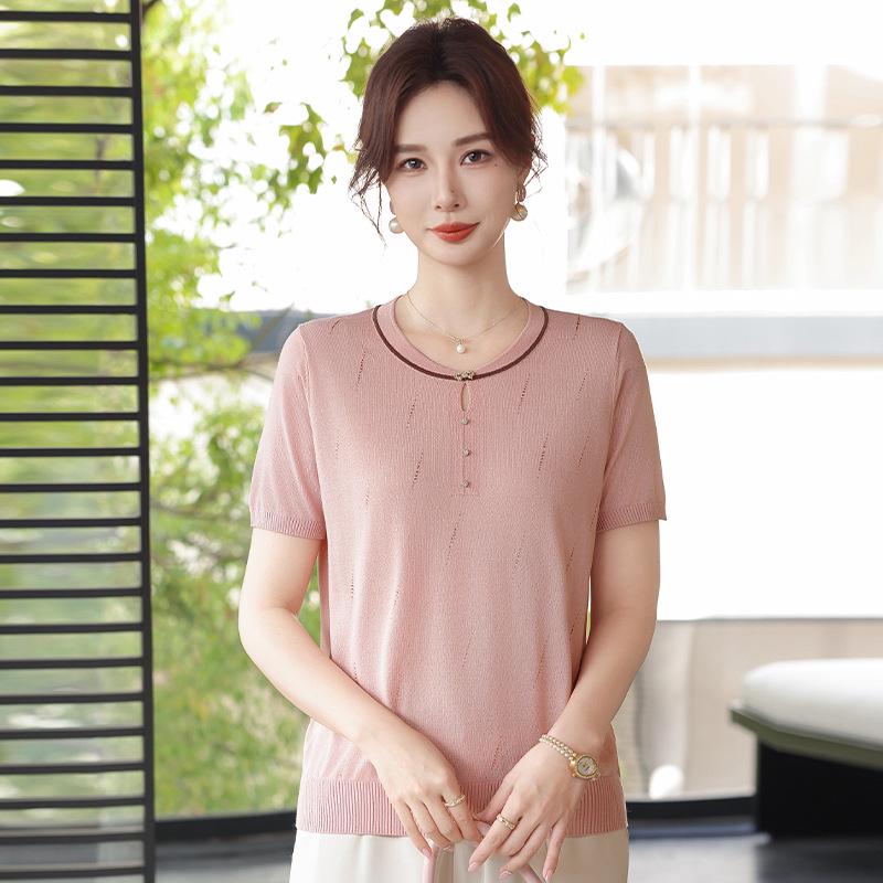 2026 Summer Ice Silk Round Neck T-shirt - Loose Knit for Middle-aged & Elderly Women 110 розовый