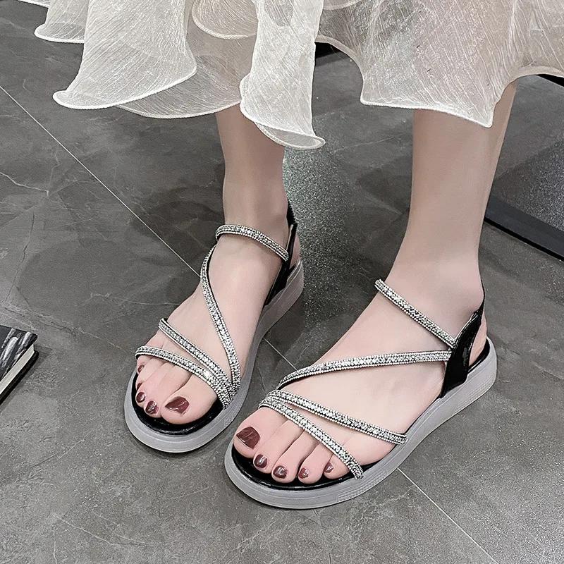 Fashion Flat-heeled Sandal Woman Rhinestone Comfortable Sandals for Women Summer New 2025 Without Heel Elegant Roman Fashion