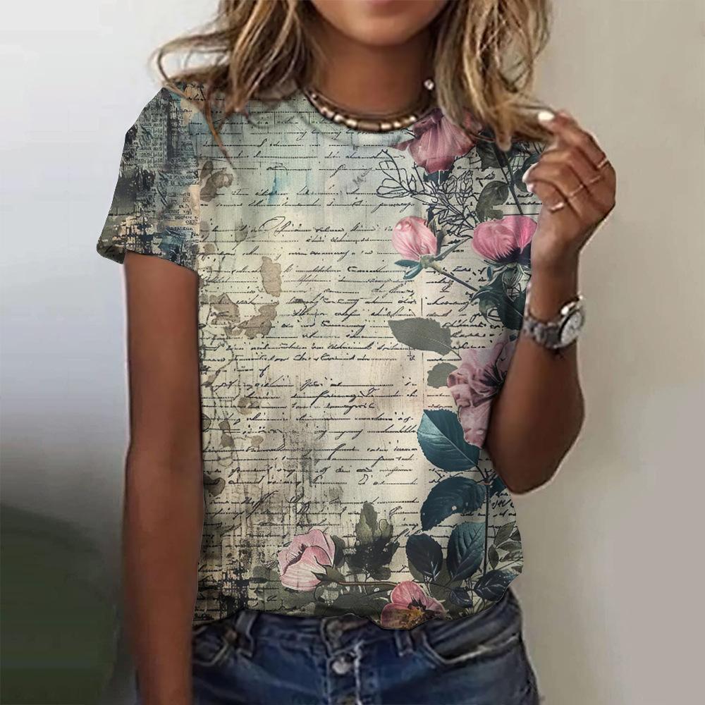 Summer Women's Rose Y2K Pattern Short Sleeve Summer Crew Retro T-shirt