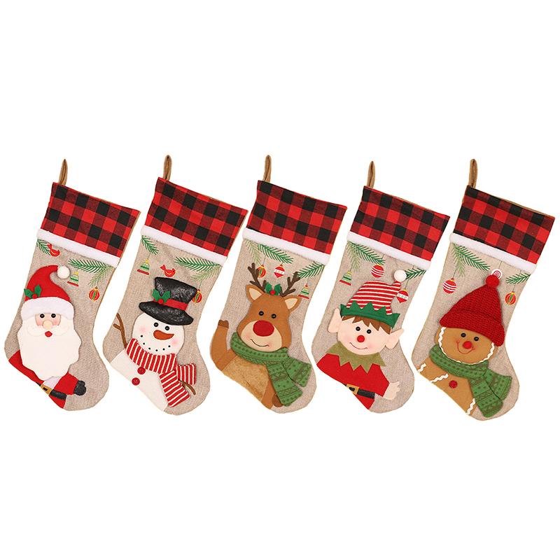 Christmas Stockings, Christmas Stocking Deer Santa Snowman Burlap Plaid Xmas Stocking Holiday Christmas Decoration For Family