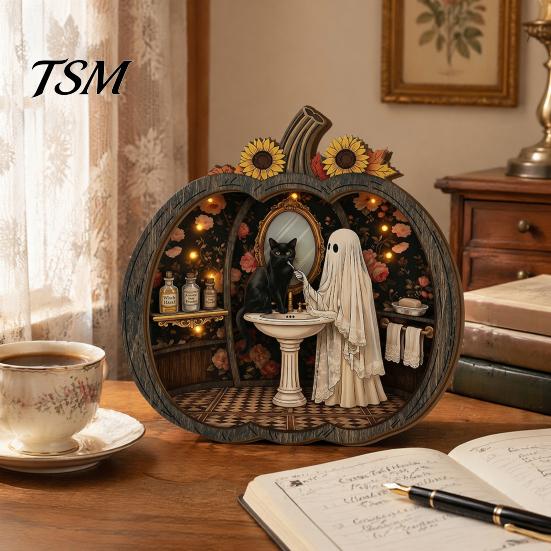 Wooden Desktop Shelf Accessory Halloween Ghost Tabletop Ornament, 2D Flat Cute Reading Bathing Fall Harvest Home Decoration Watering Plaque with Stand
