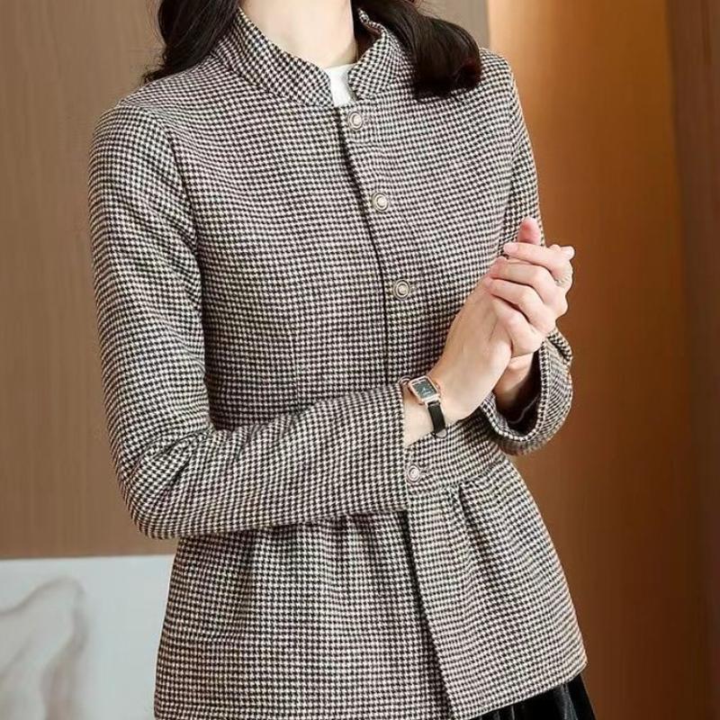 

Шерстяные куртки женские L-5XL с узором «гусиные лапки» и воротником-стойкой, простые универсальные ретро тонкие корейские стильные женские весенние повседневные шикарные куртки XXXXXL