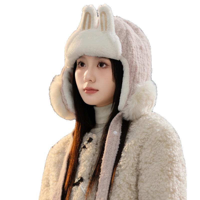 Sweet and Cute Three Dimensional Rabbit Ear Plush Hat Autumn and Winter Casual Windproof Warm Ear Protection Hat Face Showing Small Pullover Hat New