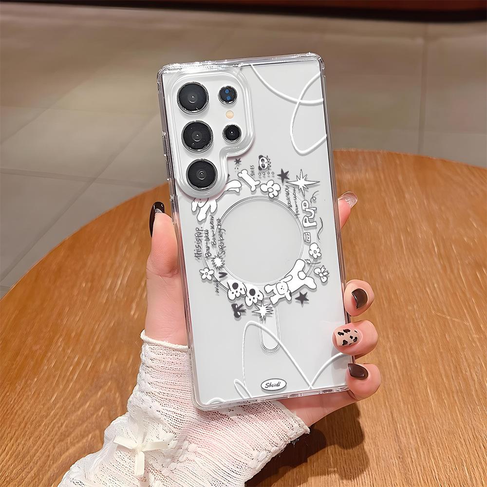 ins wind hand-painted puppy magnetic mobile phone case Samsung S24/S25Ultra transparent S26plus protective case