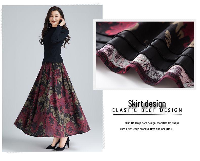 Autumn/Winter High-End Retro Floral Wool Maxi Skirt with Pockets, High Waist, and Large Flare.