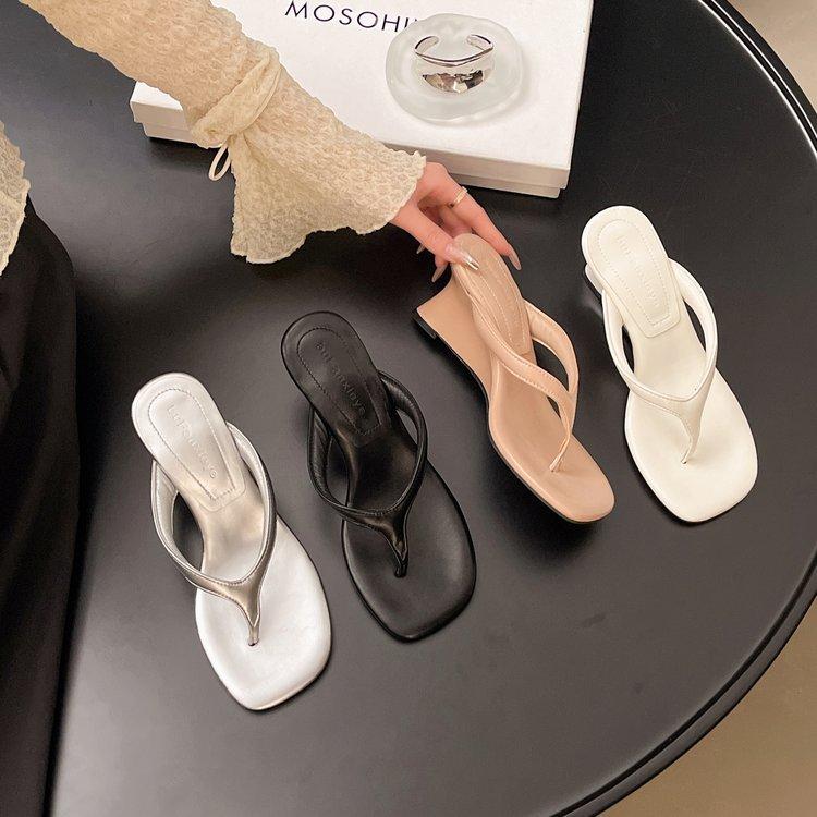 Soft leather version! Silver French stunning square head sandals women's summer wear wedge heel flip-toe fashion high heels