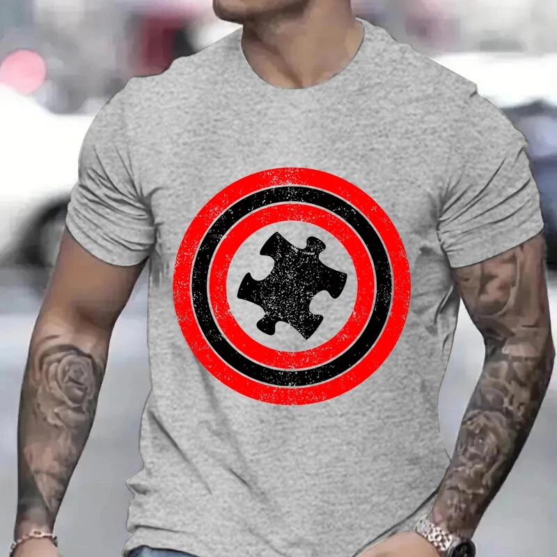 Man Tees Captain Autism Red and Blue Hero Shield Printed T Shirt Y2K Clothes Men's Clothing Hip-Hop T-shirt Men Streetwear Tops