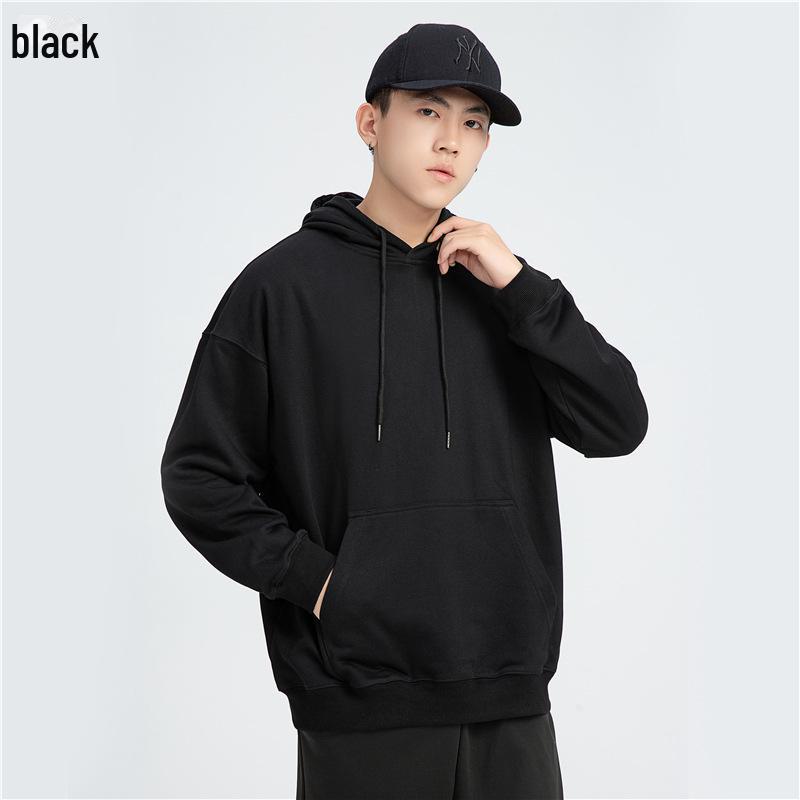 Men's Trendy Oversized Terry Hoodie - Solid Color, Drop Shoulder, Hong Kong Style Logo.
