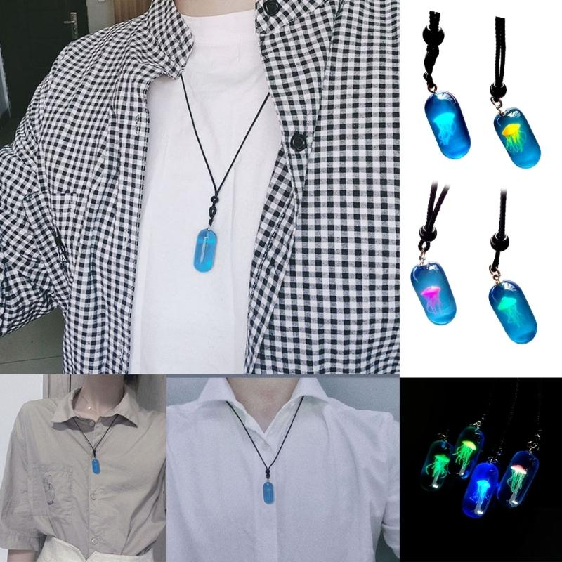 Cute Marine Animal Long Necklace Unique Sweater Chain Simple Luminous Jellyfish Pendant Necklace Fashion Jewelry синий