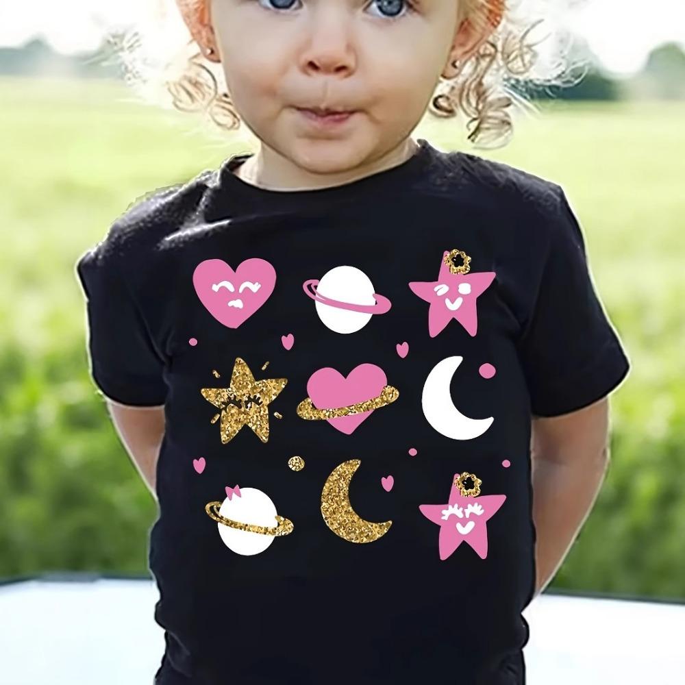 Children's Star, Moon, and Heart Cartoon Pattern T-shirt