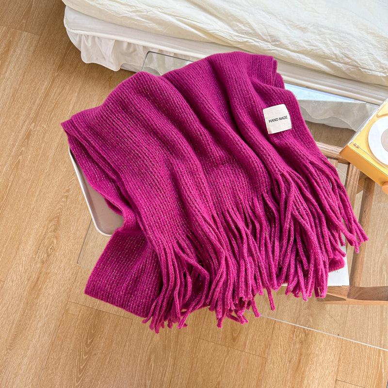 Korean Style Knitted Woolen Scarf for Women Winter New Solid Color White Student Long Warm Scarf High End